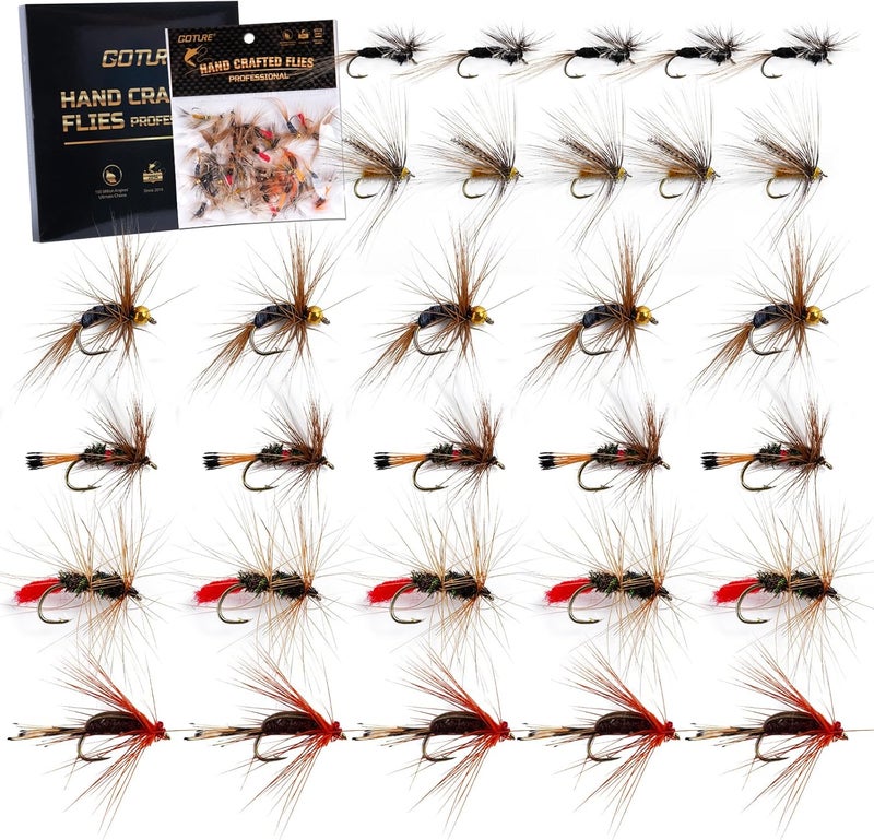 Goture Fly Fishing Flies Kit,25pcs/30pcs/100pcs Fly Fishing Lures,Dry Flies Wet Flies Streamers Nymphs Flies, Fly Fishing Assortment Kit for Bass Trout Salmon Fishing - Image 1